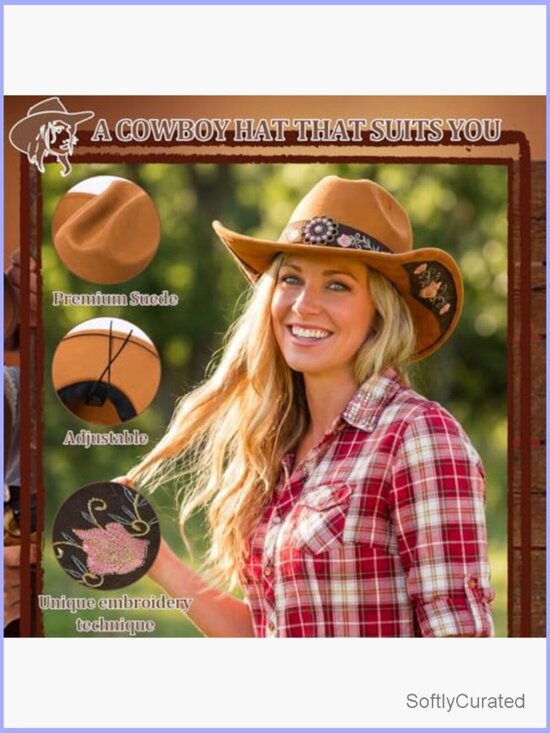 Wide Brim Felt Cowgirl Hat with Embroidery, Suede-Finish, Adjustable main image 4